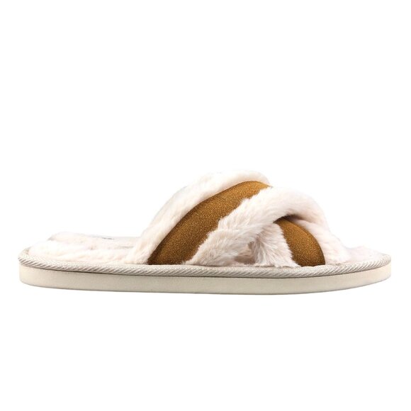 Born Womens Size LARGE L (9-10) Tan Cream Open Toe Slip On Fuzzy Slides Slippers - Picture 1 of 8